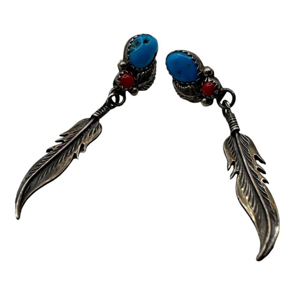 Vintage Navajo Sterling Silver Feather Drop Earrings With Turquoise & Coral